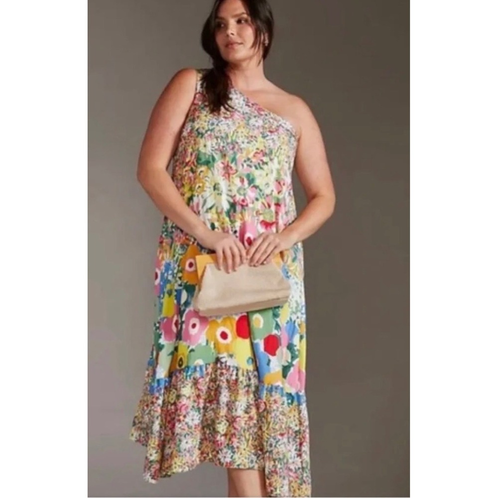 Anthropologie Sarah Campbell XS Floral High Low Dress One Shoulder Boho